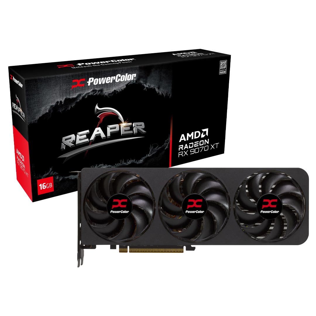 PowerColor Reaper Radeon RX 9070 XT 16GB graphics card and retail box
