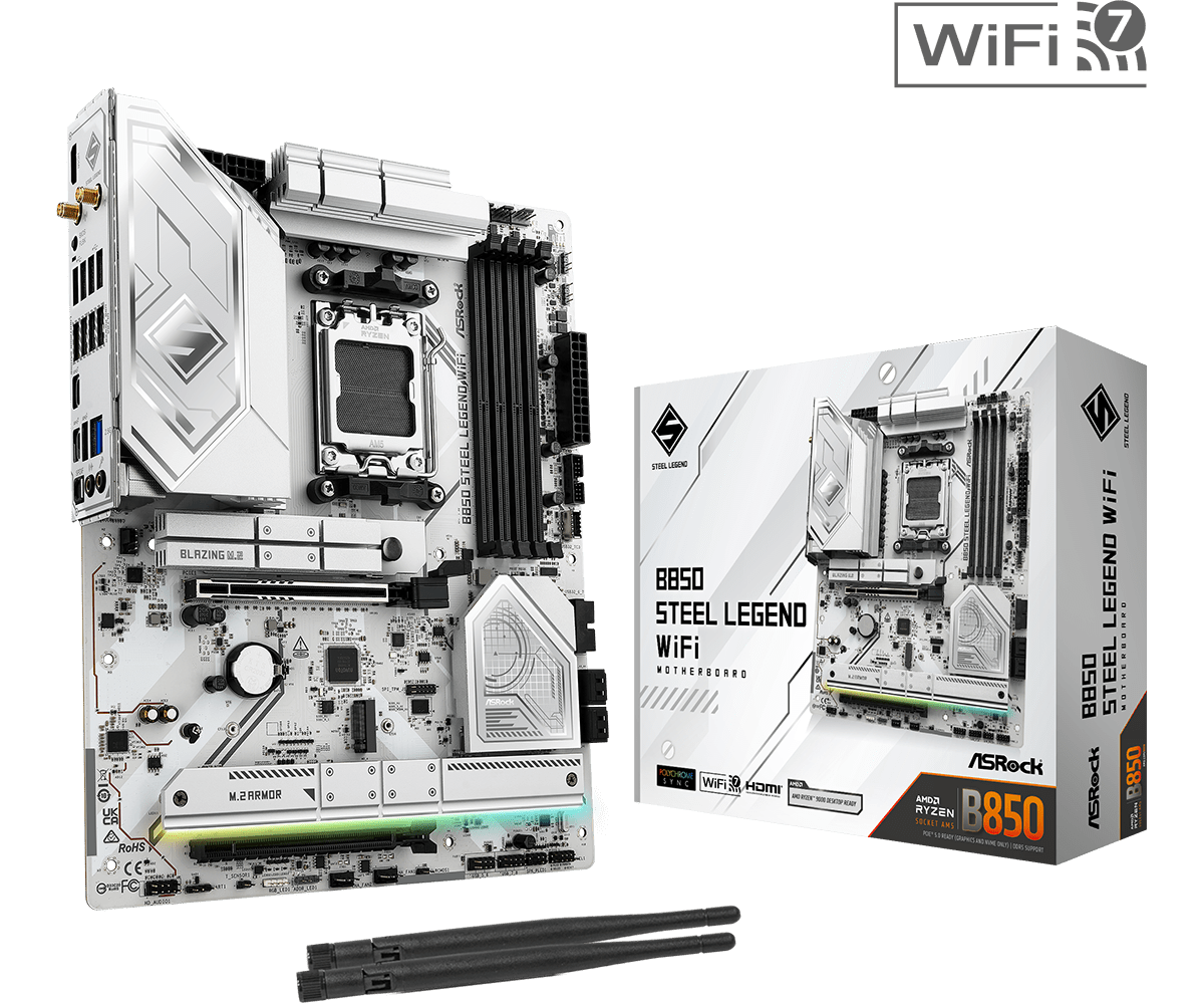 ASRock B850 Steel Legend WiFi motherboard with retail box and antennas