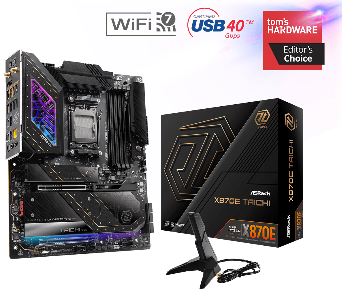 ASRock X870E Taichi motherboard with retail box and antenna