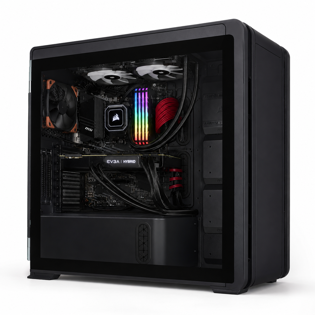 Angled interior view of the EVGA RTX 3090 FTW3 Ultra Hybrid workstation