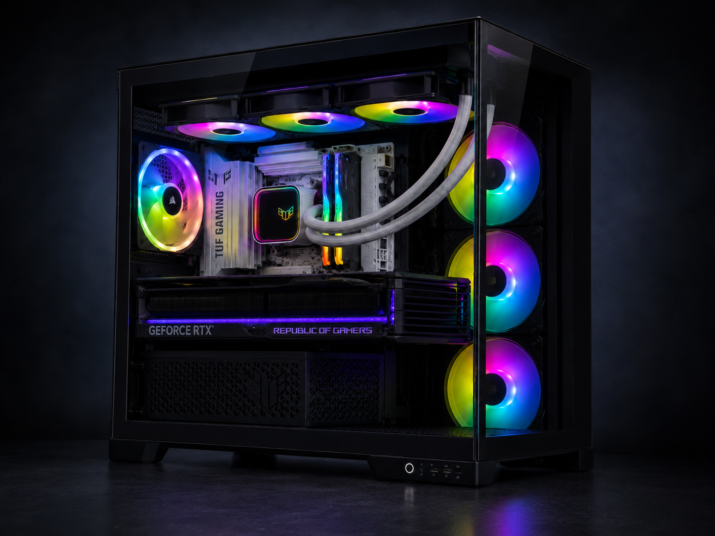 Angled view of the black Corsair 4500X BTF with white ASUS TUF B850-BTF motherboard and ROG Astral RTX 5090